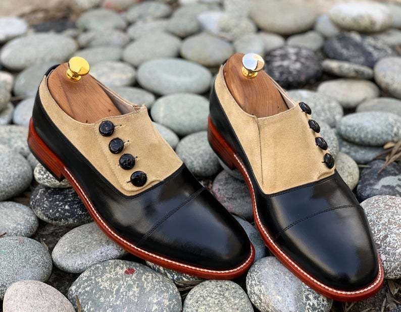 Handmade Men's black Beige Leather Suede Cap Toe Button Shoes, Men Dress Shoes