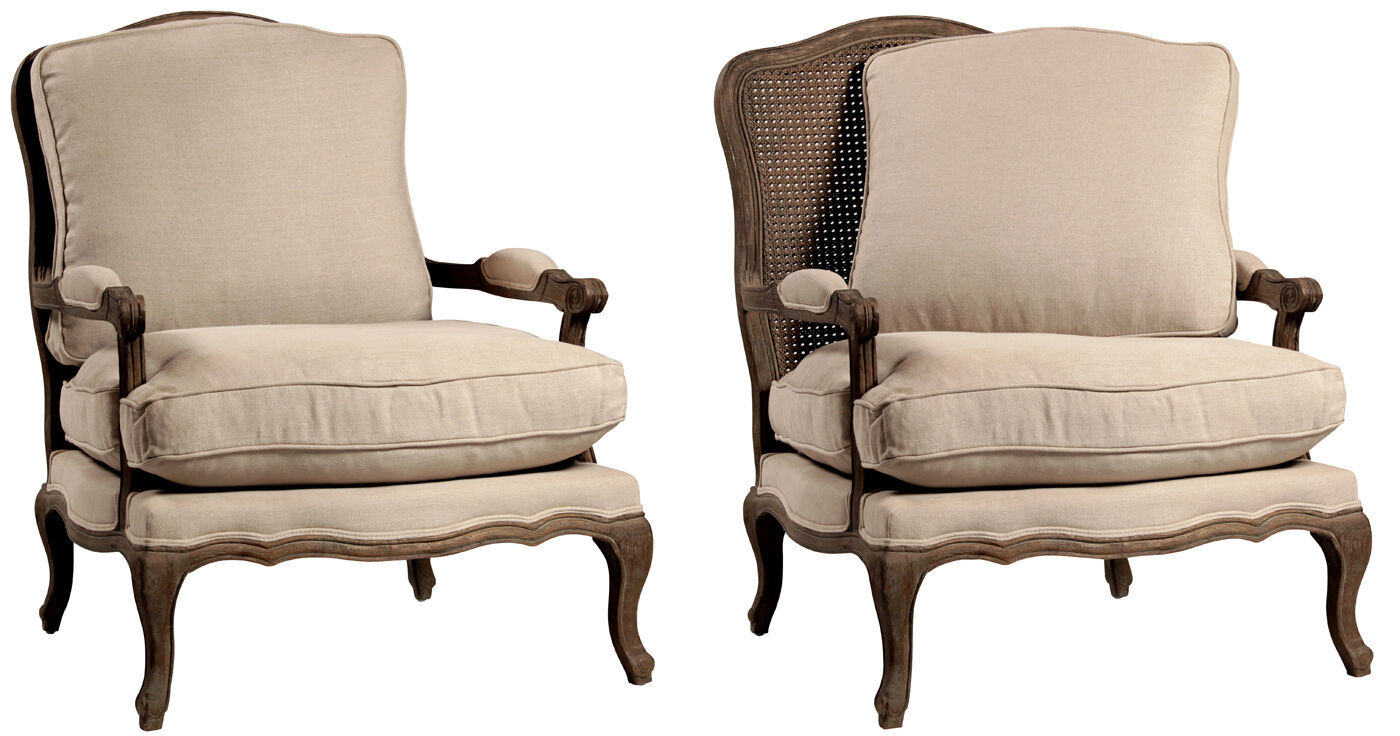 French Country Natural Linen Bergere Weathered Gray Oak Wood Arm Chair
