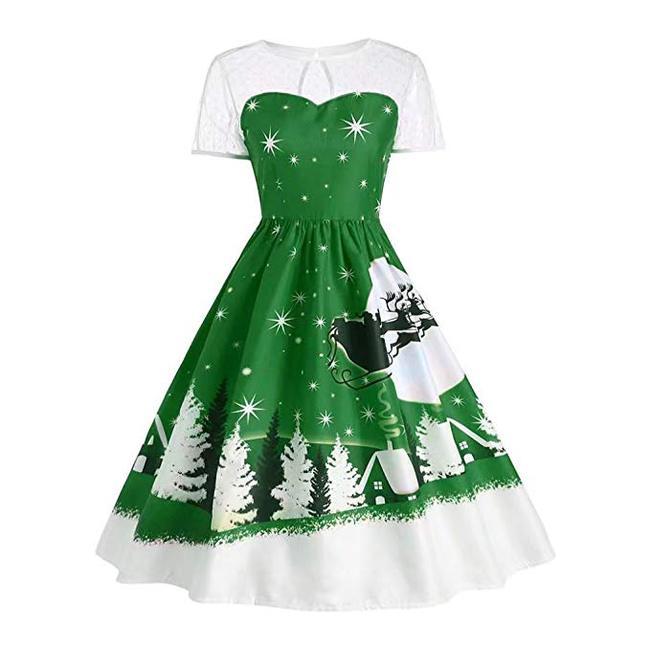 Women's Green Round Neck Printed Christmas Dress - Dresses