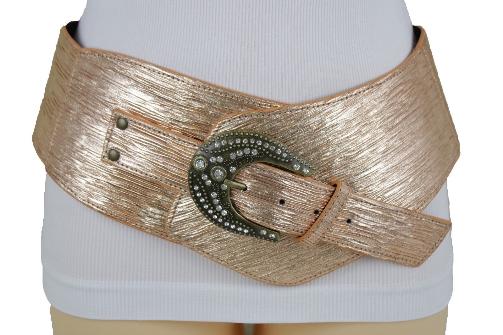 Women Wide Belt Waist Hip Metallic Rose Gold Color Fancy Style Bling