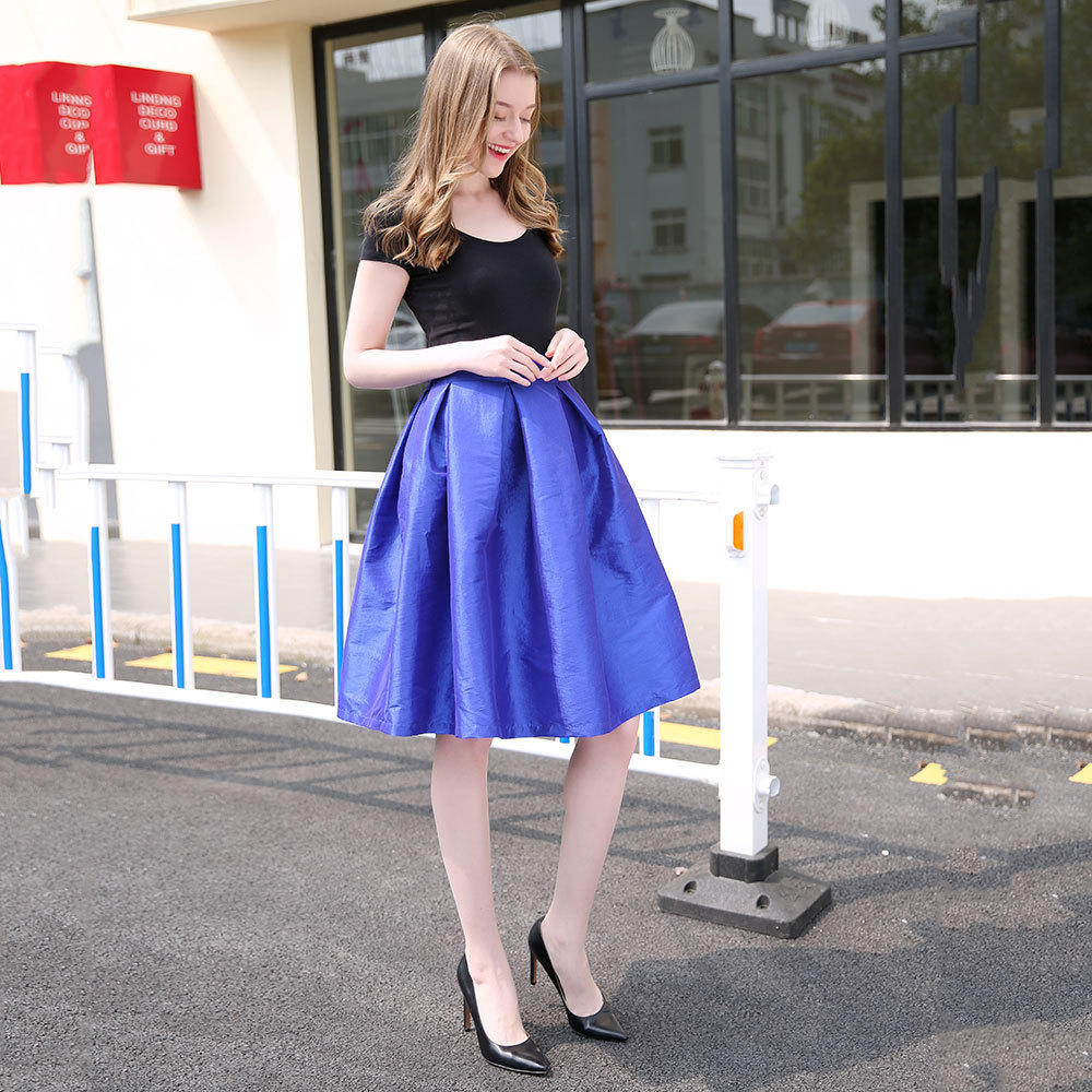 Women Royal Blue Pleated Midi Skirt Outfit Taffeta Midi Pleated Skirt Plus Size Midi Skirt 8699