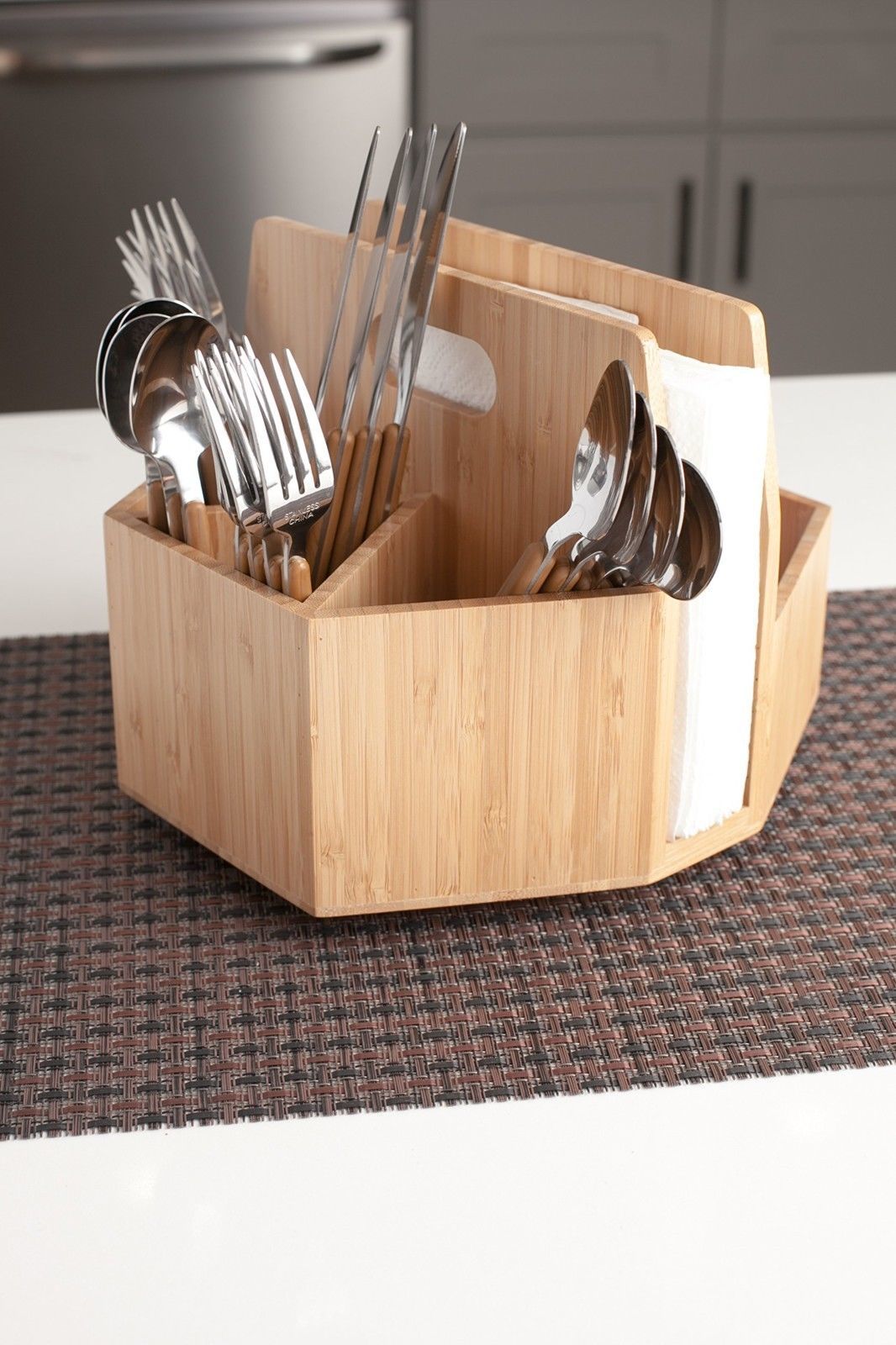 Portable Rotating Bamboo Utensil Holder Silverware Caddy for Condiments