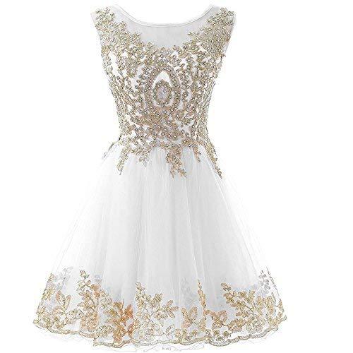 Gold Lace Beaded Short Bateau Prom Dress Homecoming Cocktail Gowns Little White