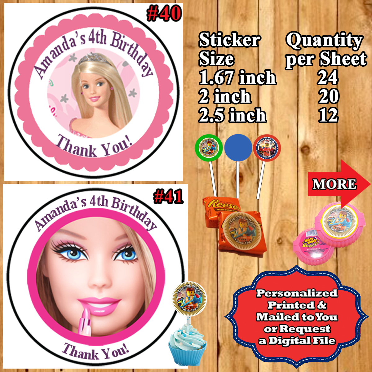 barbie birthday stickers 1 sheet round white personalized custom made 3