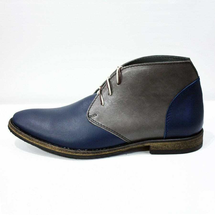 Men's Chukka Two Tone Gray Blue Cont High Ankle Leather Lace Up Boots