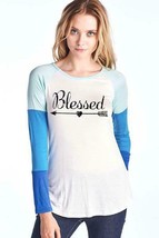 Womens Blessed Arrow Heart Long Sleeve Top Light Blue Aqua Royal Off Whi... - $39.00