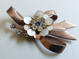 Vintage gold color Vermeil Floral Brooch Pin with  Rhinestones & Mother of Pearl - $44.55