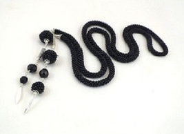 Beads crochet rope necklace lariat black with glass and beaded ball beads - $30.00