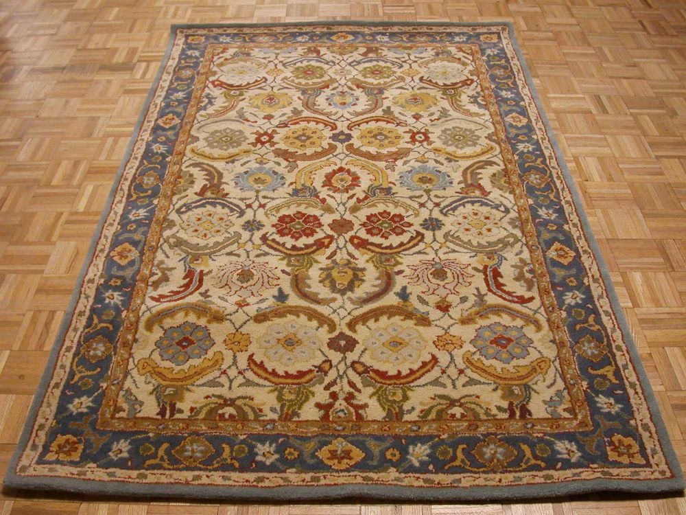 Pottery Barn Eva Beige blue Traditional Tufted Wool Area Rug 5X8 8X10