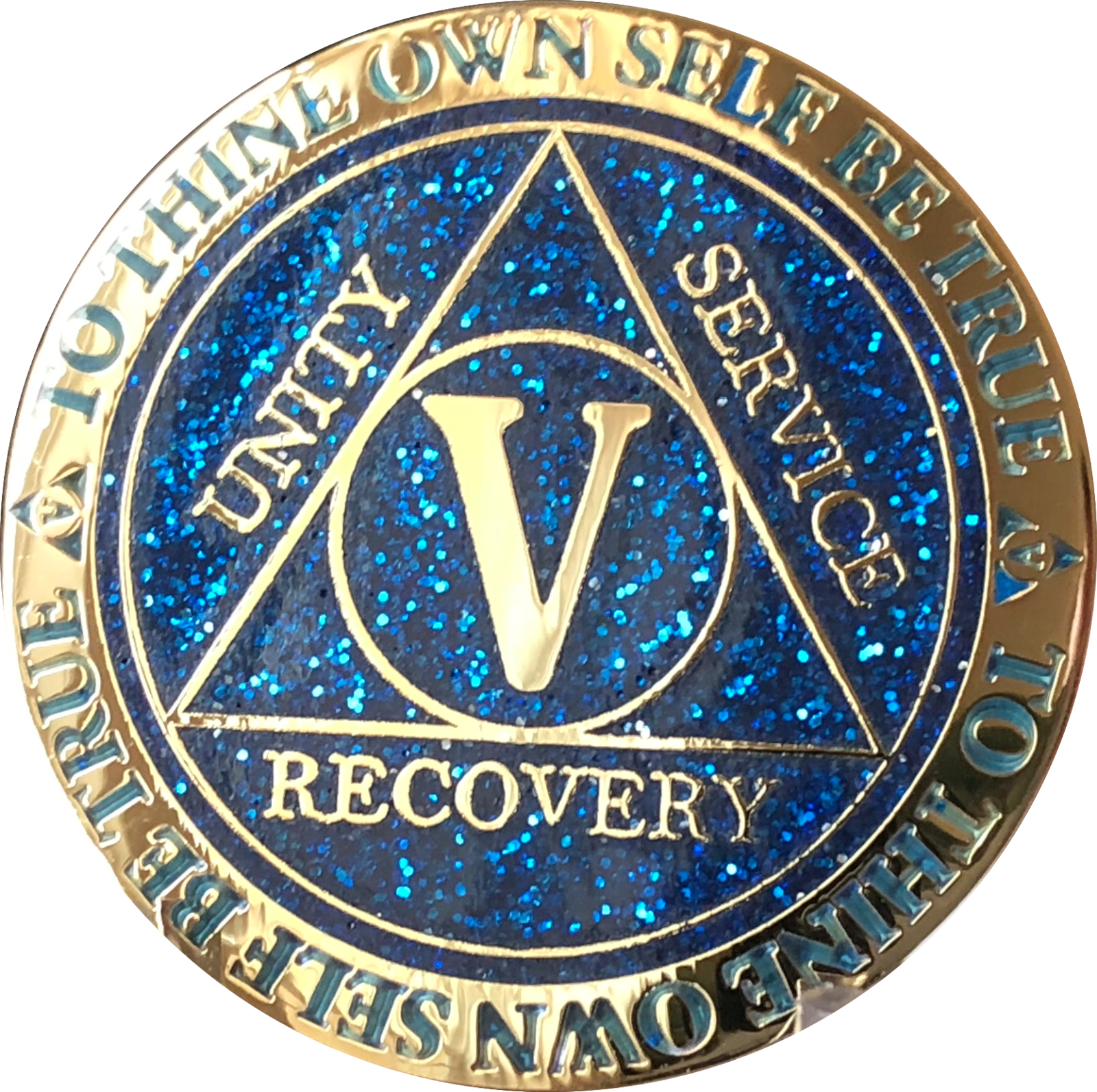 5 Year AA Medallion Reflex Glitter Blue Gold Plated Sobriety Chip Coin Five