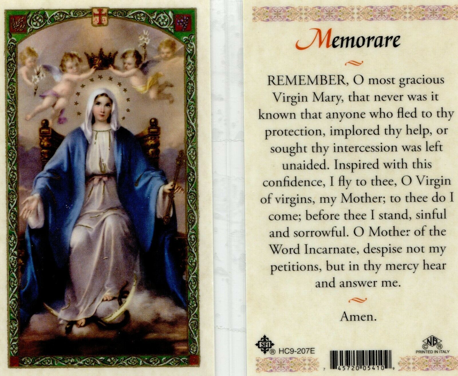 Memorare (English) Virgin Mary Prayer Card Item EB225 Laminated