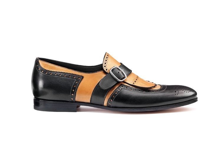 Handmade - Two tone black tan oxford men real leather fashion rounded toe monk buckle shoes