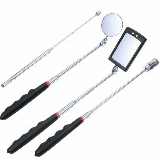 4pc Set Magnetic Pick-Up Tool w LED Round Pick-Up Rod Rnd Sqr Inspection Mirrors