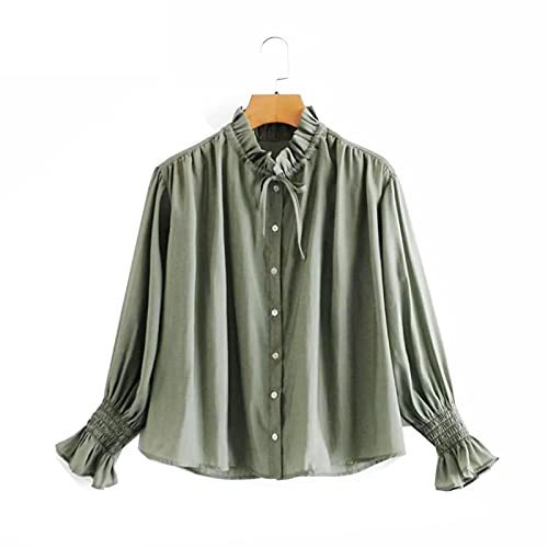 Ruffled Collar Solid Loose Shirts Office Lady Puff Sleeve Business Blouse Chic F