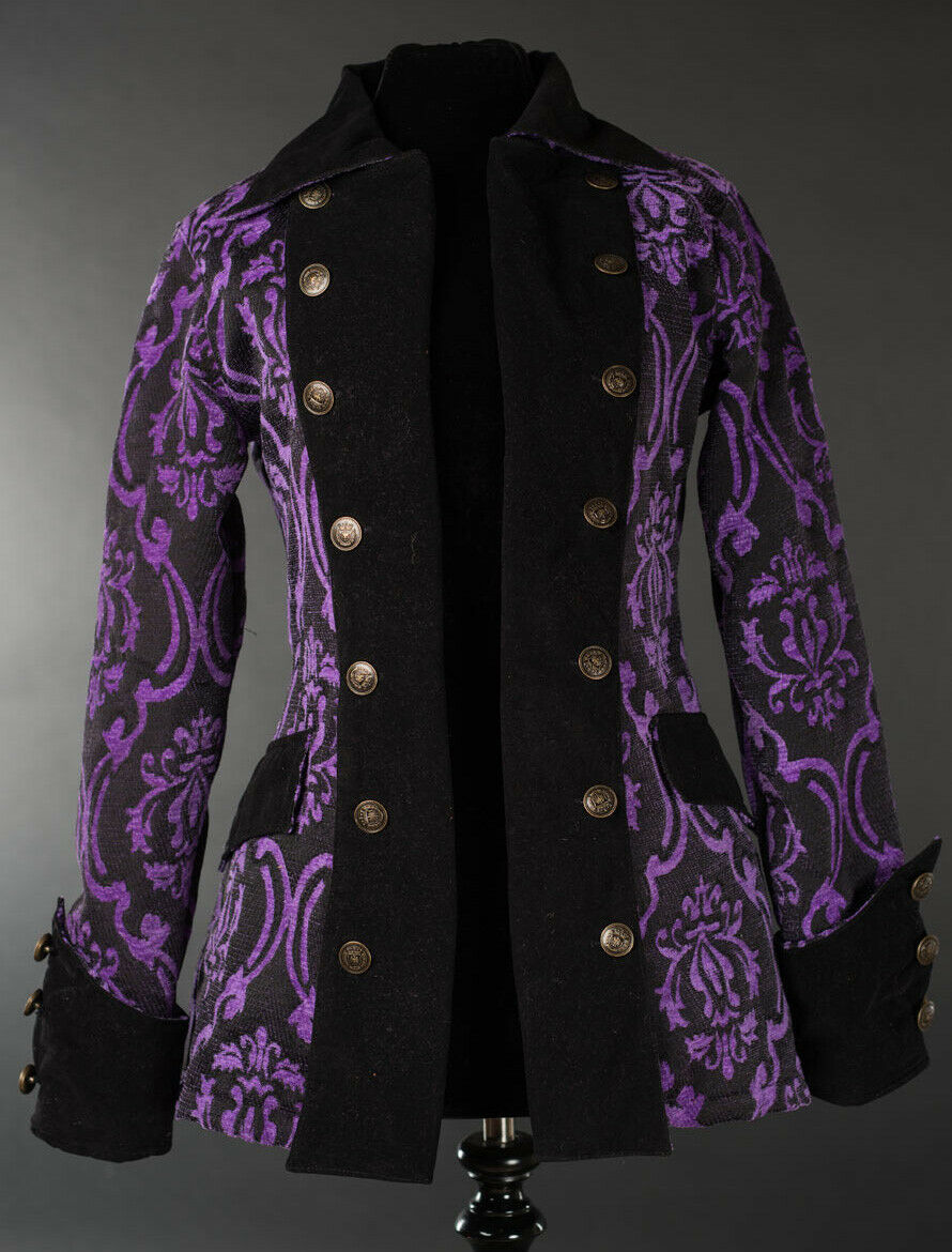 Primary image for Black Purple Brocade Goth Victorian Jacket Steampunk Short Pirate Princess Coat