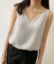 Women V Neck Beige Chiffon Tanks Tops Summer Sleeveless Chiffon Tanks US0-US12 image 7