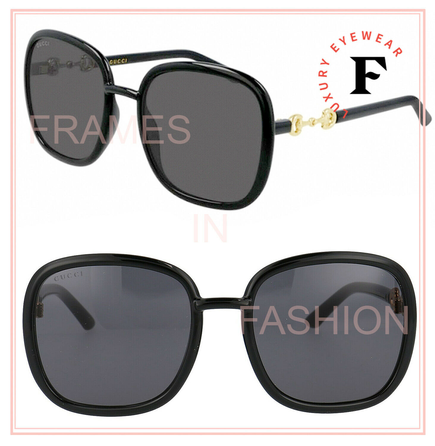 GUCCI Horsebit 0893 Gold Black Rectangular Gg0893s 001 Retro Fashion Sunglasses
