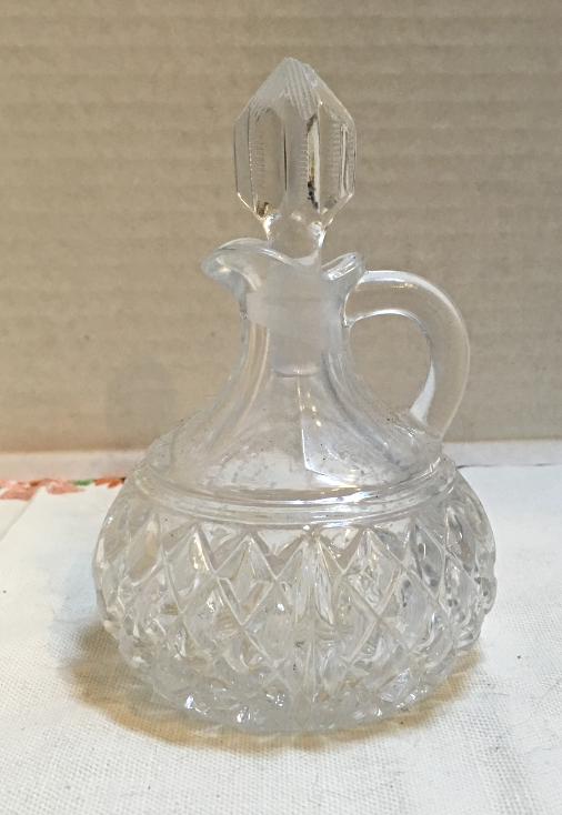 Vintage Small Pressed Glass Cruet with Stopper Diamond Pattern Etched