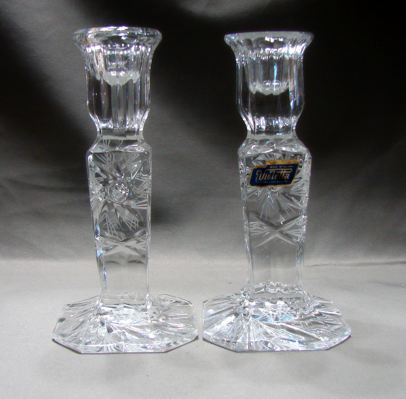 Violetta Crystal Taper Candlestick Holders Pinwheel Pattern, Made in Poland Crystal