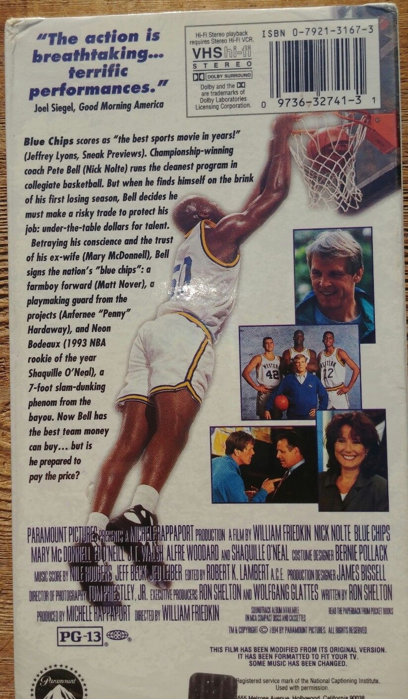 Blue Chips (VHS 1994 Paramount) Nick NolteShaquille O'NealAlfe Woodard VHS Tapes