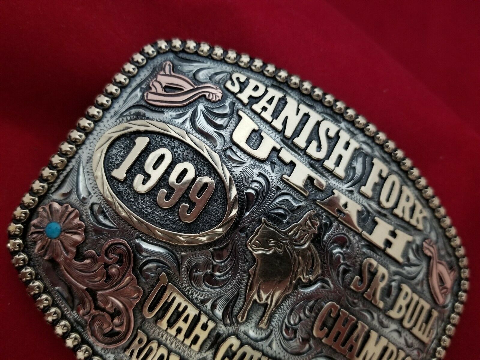 1999 RODEO TROPHY BELT BUCKLE VINTAGESPANISH FORKS UTAH SR. BULL