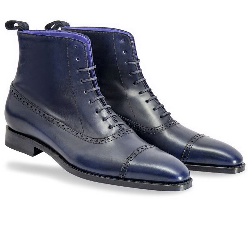 Handmade Men’s Ankle High Leather Boots, Men’s Navy Blue Cap Toe Lace