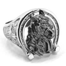 SOLID 18K WHITE BLACK GOLD BAND MAN RING HORSE HEAD HERD HORSESHOE FINELY WORKED image 1