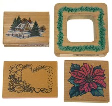 Stampendous Lot of 4 Rubber Stamps Happy Holidays Poinsettia Snowy Retre... - $3.39