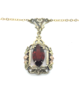 Sterling Silver Tri Color Gold Pendant Art Deco With Marquise Garnet Col... - $79.28