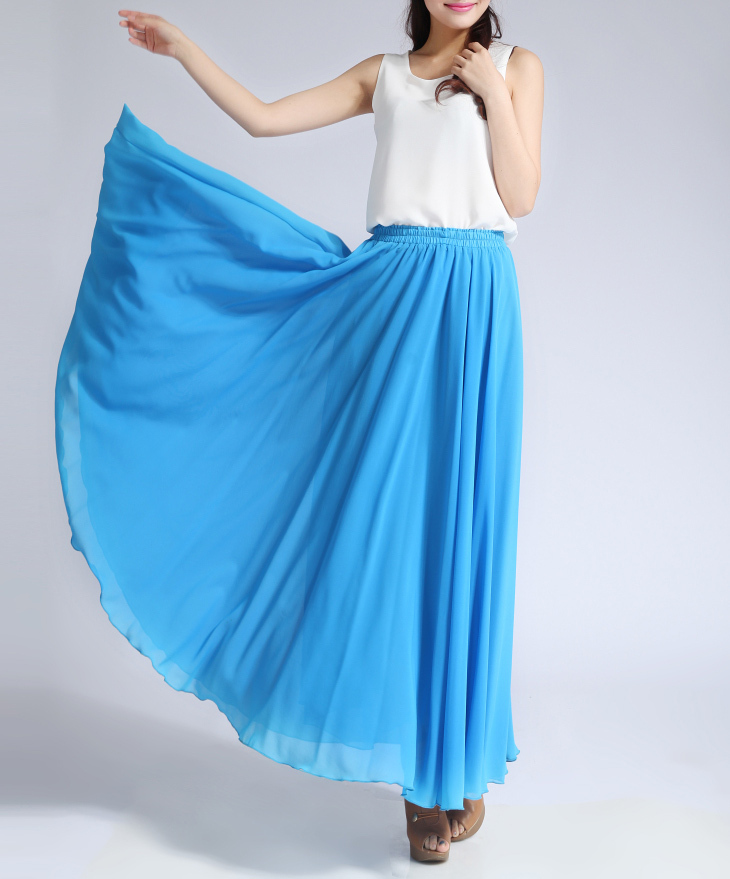 Women Long MAXI Chiffon Skirt AQUA-BLUE Chiffon Maxi Skirt Summer Beach ...