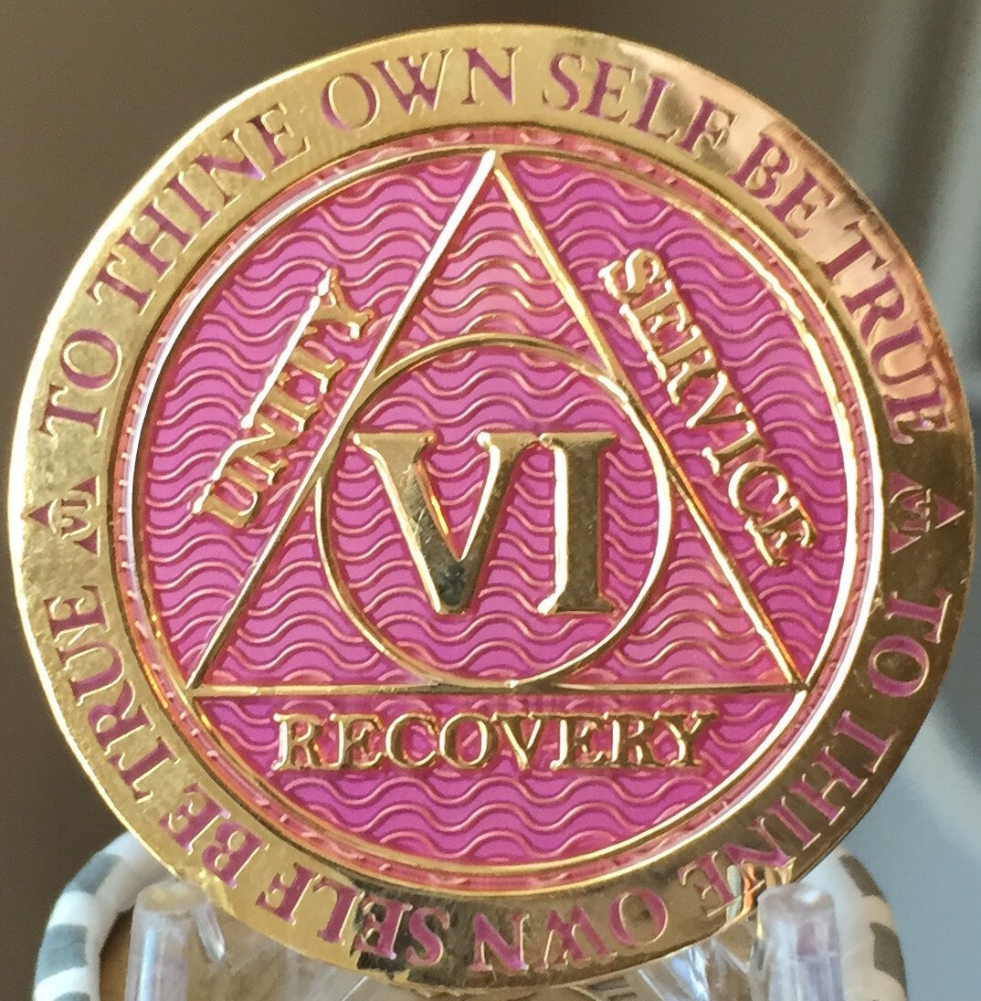 6 Year AA Medallion Lavender Pink Gold Alcoholics Anonymous Sobriety Chip Coin