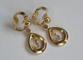 Vintage new old stock 70's gold tone dangle crystal clip on earrings 7/8"x1/2" - $10.00