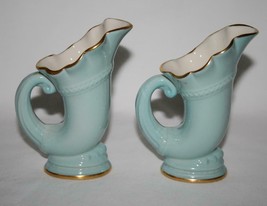 Lenox USA Vintage Green Mark Set/2 Sky Blue Horn of Plenty Cornucopia Vases - $70.00
