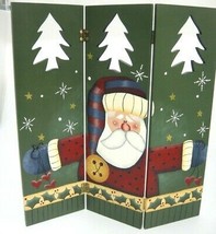 Hand Painted Santa Wooden Folding Panels w Cut Out Trees Holly Border 13... - $13.36