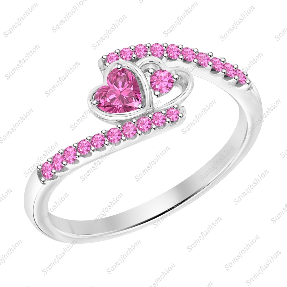 Heart Shaped Pink Sapphire 14k White Gold Over 925 Double Heart Promise Ring