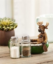 Moose Salt and Pepper Set with 2 Glass Shakers in Green Canoe with Paddle Resin