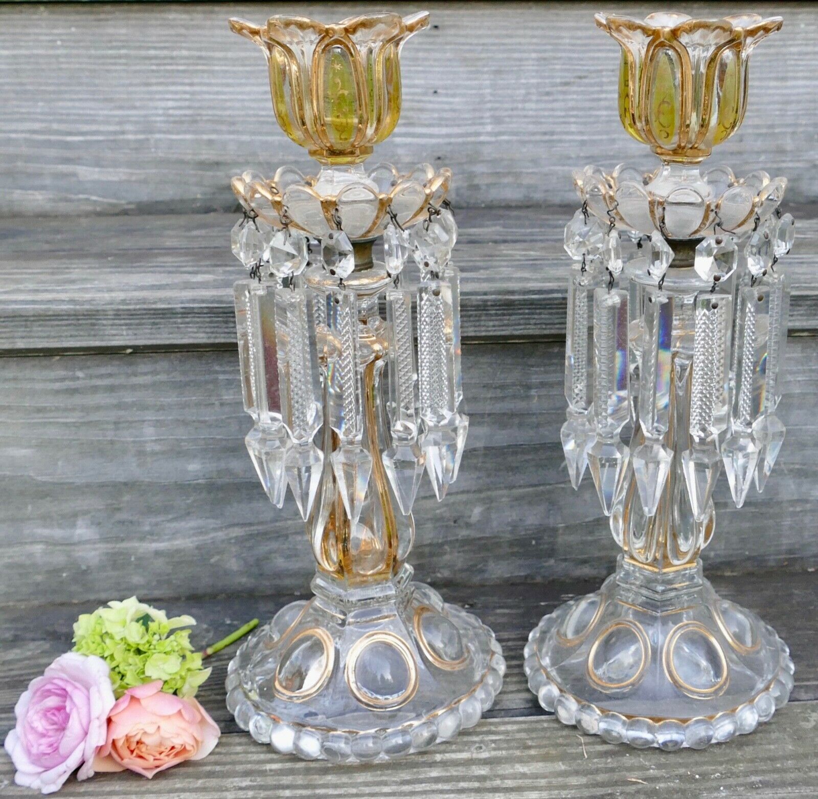 PAIR ANTIQUE BACCARAT ? OILIVE GREEN & GOLD CANDLE HOLDER LUSTRE