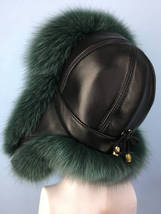 Finn Fox Fur Ushanka Hat with Leather, Saga Furs Green Fox Trapper Aviator Hat image 2
