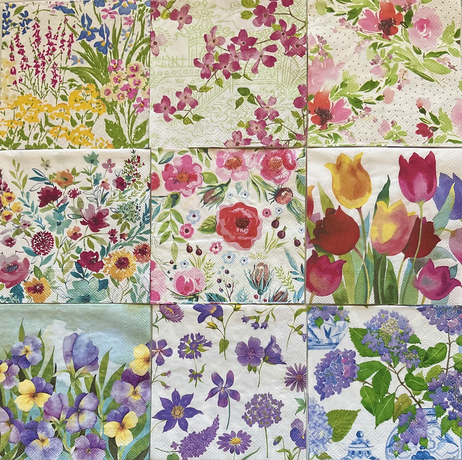 9 Wildflower Decoupage Napkins, Caspari IHR Michel Design Spring Flowers Variety