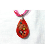 Red Glass with Color Flowers Teardrop Shape Shimmer Pendant 16&quot; Strand N... - $11.99