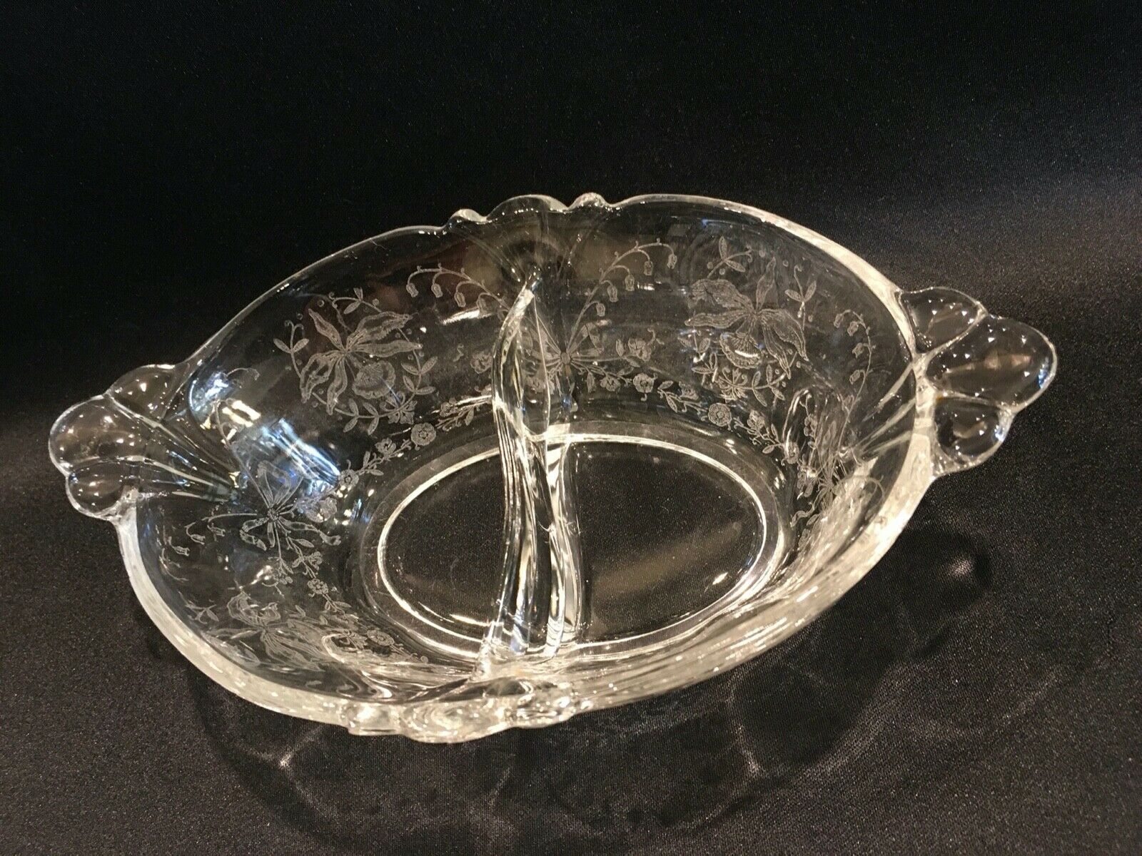 Heisey Vintage Etched Glass Orchid Pattern Divided Bowl Heisey