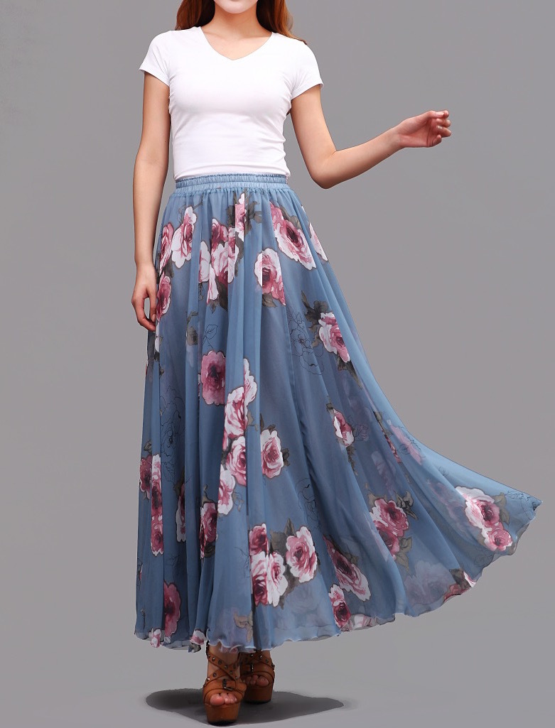 FLORAL Chiffon Long Skirt Dusty Blue Flower Silk Chiffon Skirt Summer Plus Size