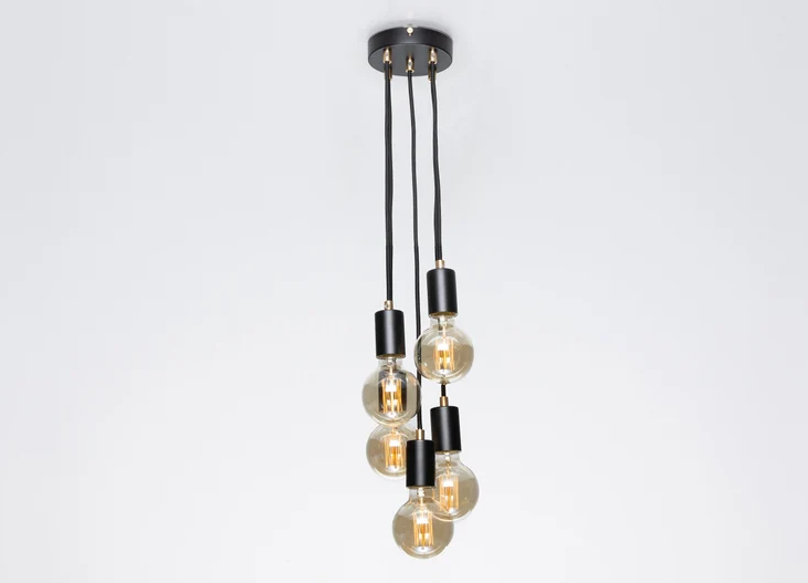 Bjorn 5-Port Ceiling Pendant Lamp Black Textile Cable Raw Brass