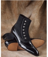 Handmade Men&#39;s Black Wing Tip High Ankle Leather And Suede Buttons Boots - $149.99+