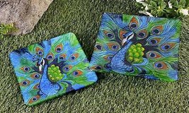 Peacock Square Plates Set of 2 Bright Colorful Glass Two Sizes 12" & 10" Square image 2