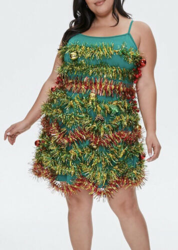 Plus Size 3X Holiday Ugly Sweater Party Dress Tinsel Garland Christmas Tree NEW