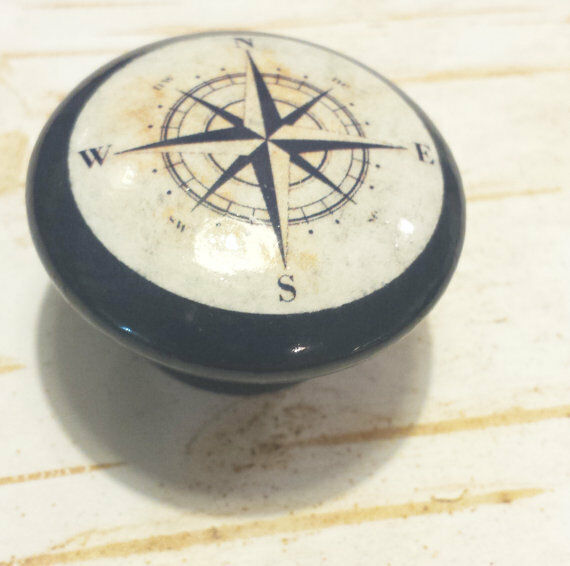 SET OF 6 Handmade Nautical Wood Knobs, Navy Blue 1.5" Compass