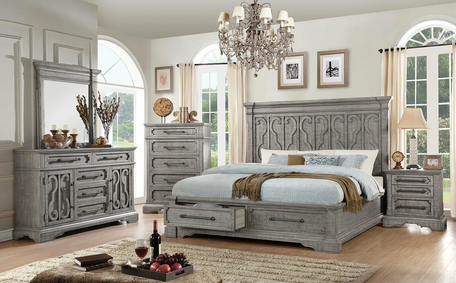 NEW Traditional Gray 5 piece Bedroom Suite w. Queen Mansion Storage Bed ...