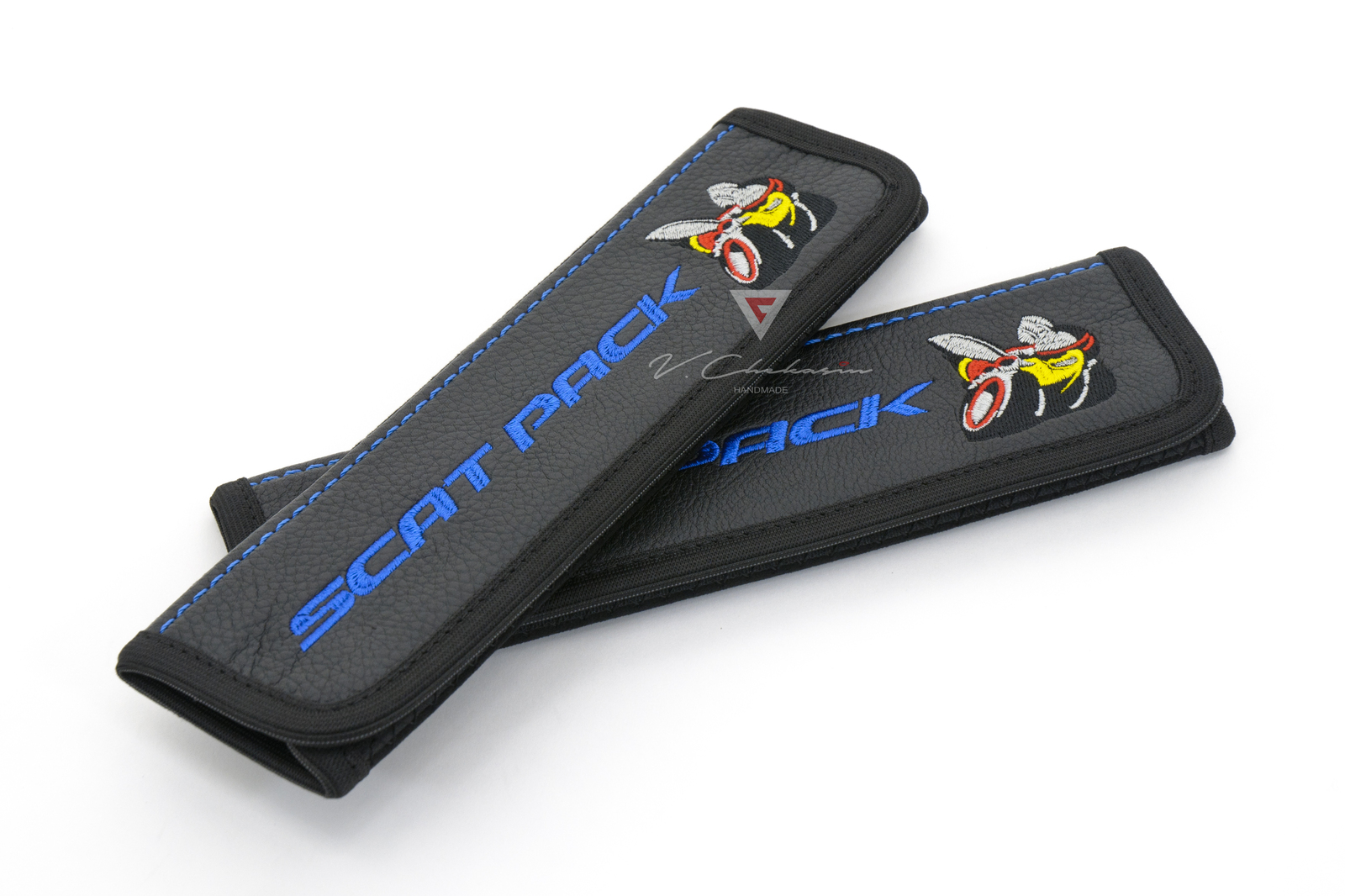 Seat belt Shoulder Pads fits Scat Pack Dodge Black Leather Blue