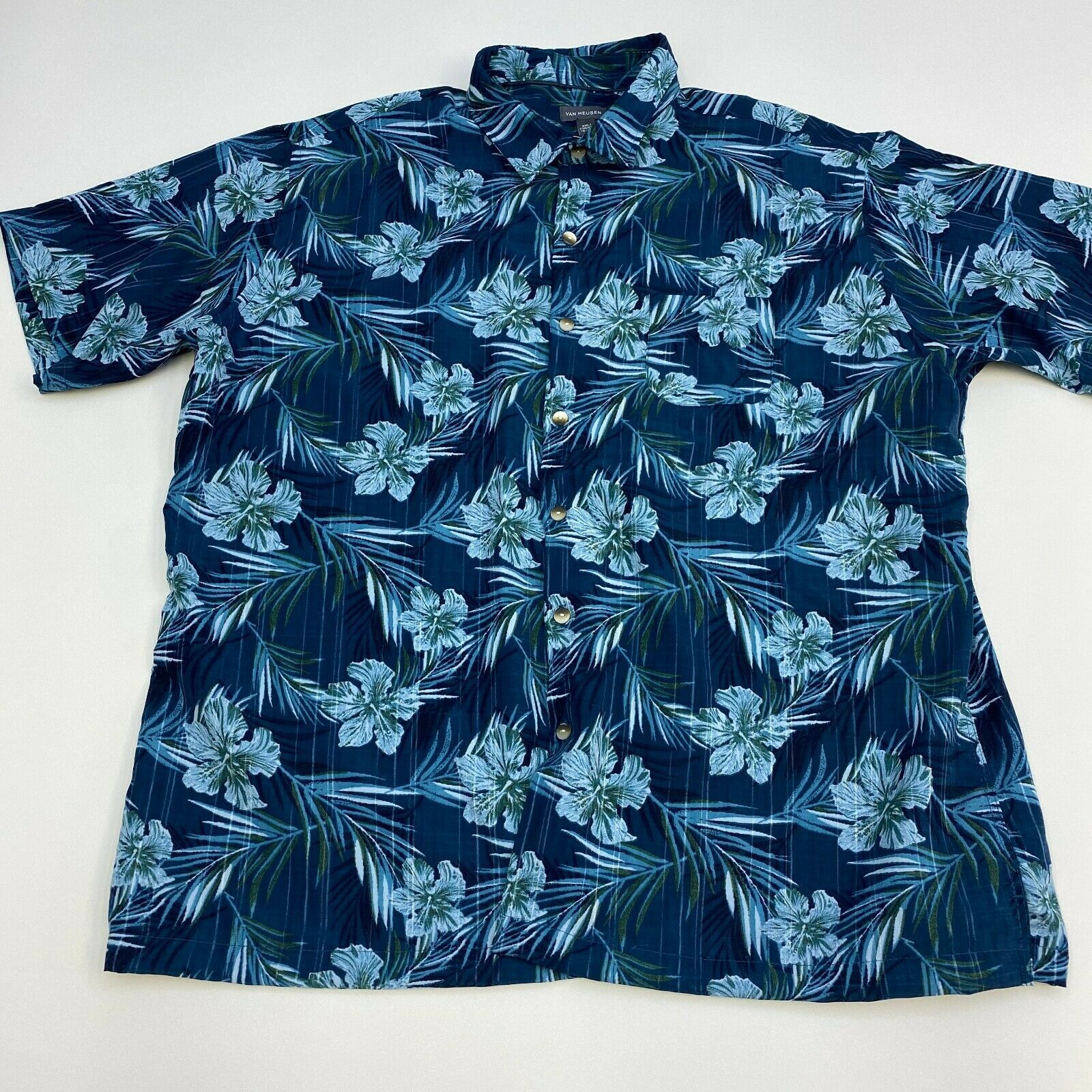 Van Heusen Button Up Shirt Mens XXL Blue Floral Hawaiian Short Sleeve ...